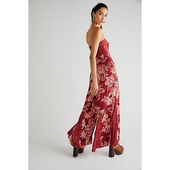 NWT Free People Silky Juliet Jumpsuit $228 SMALL Wine Floral Boho Wide Leg - Picture 1 of 5